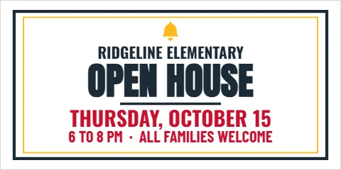Banner template, school open house, reading "OPEN HOUSE", "THURSDAY, OCTOBER 15" and "6 TO 8 PM · ALL FAMILIES WELCOME", in white