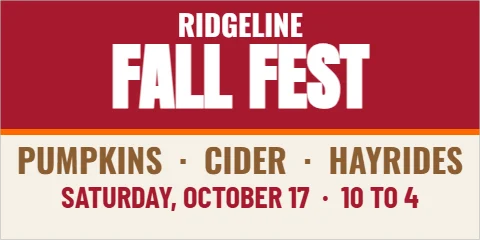 Banner template, fall fest, reading "RIDGELINE", "FALL FEST" and "PUMPKINS · CIDER · HAYRIDES", in maroon and cream