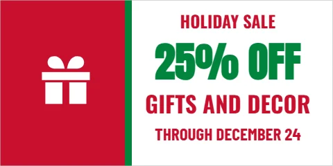 Banner template, holiday gift sale, reading "25% OFF", "GIFTS AND DECOR" and "THROUGH DECEMBER 24", in red and white