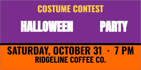 Banner template, halloween party, reading "HALLOWEEN", "PARTY" and "RIDGELINE COFFEE CO.", in orange and purple