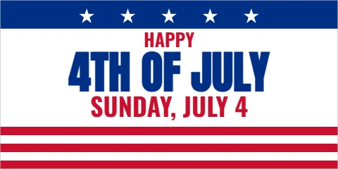 Banner template, happy 4th of July, reading "HAPPY", "4TH OF JULY" and "SUNDAY, JULY 4", in blue and white