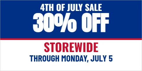 Banner template, 4th of July sale, reading "30% OFF", "STOREWIDE" and "THROUGH MONDAY, JULY 5", in blue and white