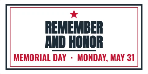 Banner template, memorial Day, remember and honor, reading "REMEMBER", "AND HONOR" and "MEMORIAL DAY · MONDAY, MAY 31", in white