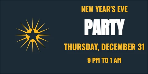 Banner template, new Year's Eve party, reading "NEW YEAR'S EVE", "PARTY" and "9 PM TO 1 AM", in navy