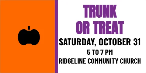 Banner template, trunk or treat, reading "TRUNK", "OR TREAT" and "5 TO 7 PM", in orange and white