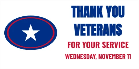 Banner template, thank you, veterans, reading "THANK YOU", "VETERANS" and "FOR YOUR SERVICE", in blue and white