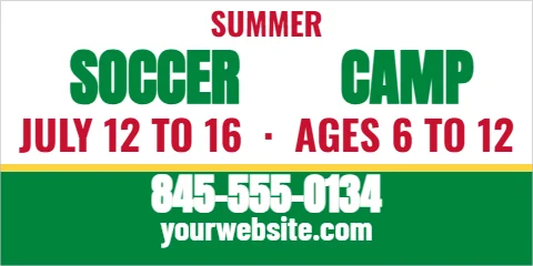 Banner template, summer sports camp, reading "SOCCER", "CAMP" and "845-555-0134", in green and white