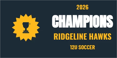 Banner template, champions, reading "CHAMPIONS", "RIDGELINE HAWKS" and "12U SOCCER", in navy