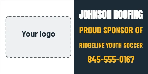 Banner template, sponsor fence banner, reading "JOHNSON ROOFING", "PROUD SPONSOR OF" and "845-555-0167", in navy and white, with a space for your logo