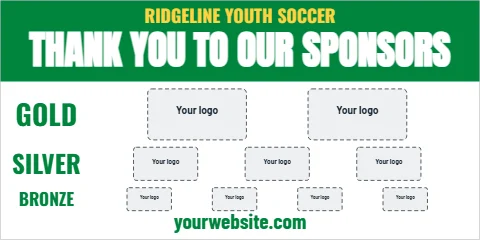 Banner template, thank you to our sponsors, reading "THANK YOU", "TO OUR SPONSORS" and "GOLD", in green and white, with a space for your logo