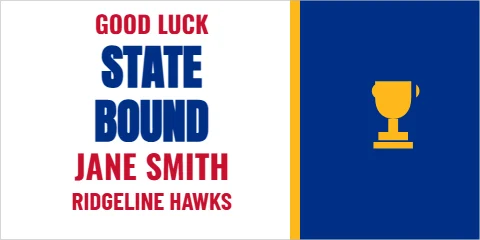 Banner template, state bound, reading "STATE", "BOUND" and "JANE SMITH", in blue and white