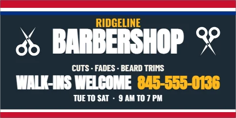 Banner template, barbershop, reading "BARBERSHOP", "WALK-INS WELCOME" and "845-555-0136", in navy