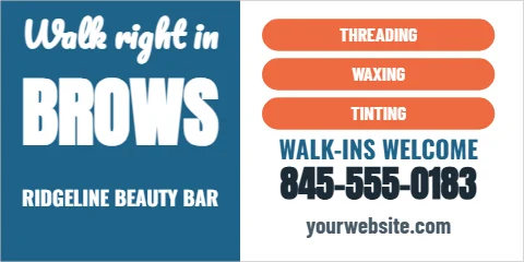 Banner template, waxing and threading, reading "Walk right in", "BROWS" and "845-555-0183", in steel blue and white