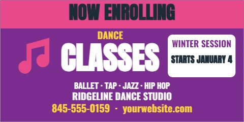 Banner template, dance studio, now enrolling, reading "NOW ENROLLING", "CLASSES" and "845-555-0159 · yourwebsite.com", in pink and purple