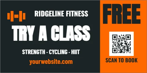 Banner template, gym, try a class free, reading "FREE", "TRY A CLASS" and "yourwebsite.com", in orange and charcoal, with a QR code