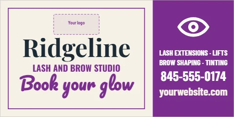 Banner template, lash and brow studio, reading "Ridgeline", "845-555-0174" and "Book your glow", in purple and cream, with a space for your logo