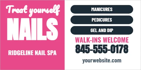 Banner template, nail salon, reading "Treat yourself", "NAILS" and "845-555-0178", in pink and white