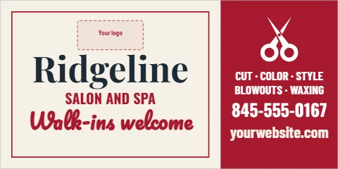 Banner template, salon, walk-ins welcome, reading "Ridgeline", "845-555-0167" and "Walk-ins welcome", in maroon and cream, with a space for your logo