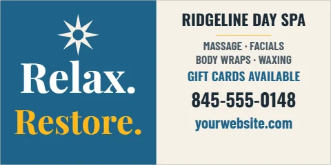 Banner template, day spa, relax and restore, reading "Relax.", "845-555-0148" and "Restore.", in steel blue and cream