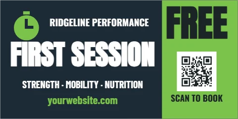 Banner template, personal training, first session, reading "FREE", "FIRST SESSION" and "yourwebsite.com", in lime and navy, with a QR code