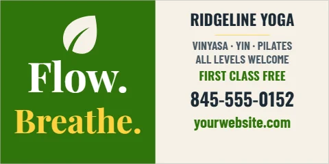 Banner template, yoga studio, all levels, reading "Flow.", "845-555-0152" and "Breathe.", in green and cream