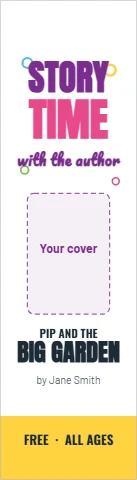 Bookmark template, story time with the author, reading "STORY", "TIME" and "BIG GARDEN", in yellow and white, with a space for your logo
