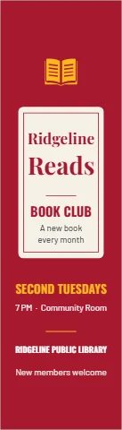 Bookmark template, book club bookplate, reading "Ridgeline", "Reads" and "BOOK CLUB", in cream and maroon
