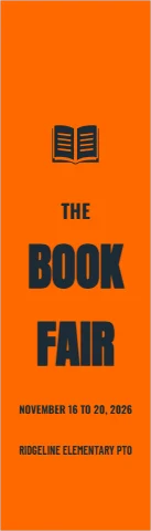 Bookmark template, book fair, reading "THE", "BOOK" and "FAIR", in orange