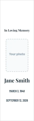 Bookmark template, in loving memory, reading "In Loving Memory", "Jane Smith" and "MARCH 3, 1948", in white, with a space for your logo