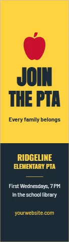 Bookmark template, join the PTA, reading "JOIN", "THE PTA" and "RIDGELINE", in navy and yellow