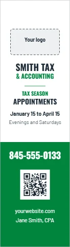 Bookmark template, tax season checklist, reading "SMITH TAX", "APPOINTMENTS" and "845-555-0133", in green and white, with a space for your logo and a QR code