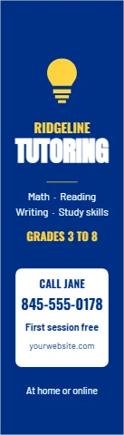 Bookmark template, tutoring, times tables, reading "RIDGELINE", "TUTORING" and "845-555-0178", in white and blue