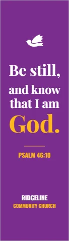 Bookmark template, be still, and the Lord's Prayer, reading "Be still,", "and know" and "God.", in purple