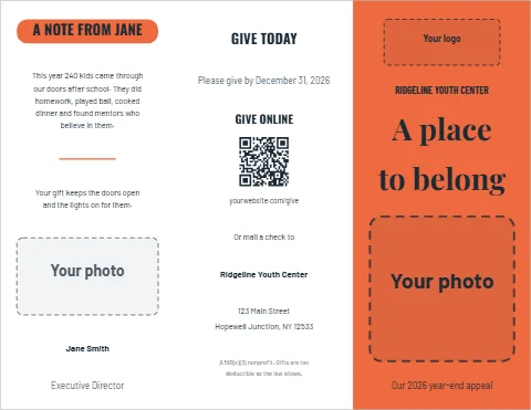Brochure template, year-end giving appeal, reading "A NOTE FROM JANE", "A place" and "to belong", in coral and white, with a space for your logo and a QR code