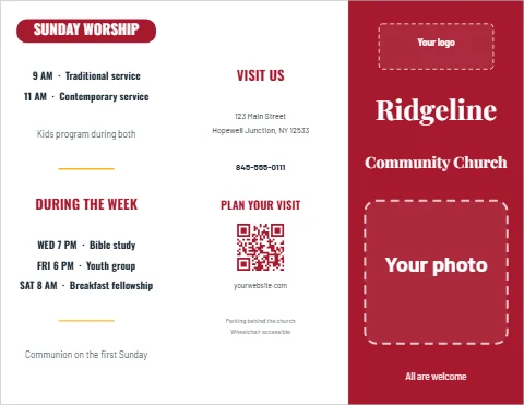 Brochure template, church welcome, reading "SUNDAY WORSHIP", "Ridgeline" and "Community Church", in maroon and white, with a space for your logo and a QR code