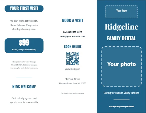 Brochure template, dental practice, reading "Ridgeline", "FAMILY DENTAL" and "$99", in steel blue and white, with a space for your logo and a QR code