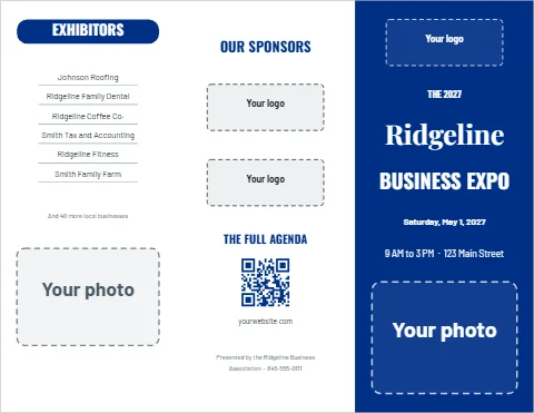 Brochure template, business expo schedule, reading "EXHIBITORS", "Ridgeline" and "BUSINESS EXPO", in blue and white, with a space for your logo and a QR code