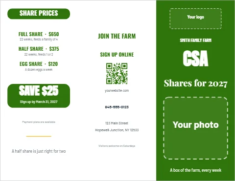 Brochure template, CSA farm shares, reading "CSA", "Shares for 2027" and "SAVE $25", in green and white, with a space for your logo and a QR code