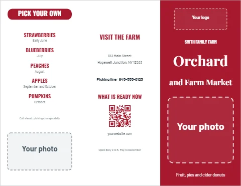 Brochure template, orchard and farm market, reading "PICK YOUR OWN", "Orchard" and "and Farm Market", in maroon and white, with a space for your logo and a QR code