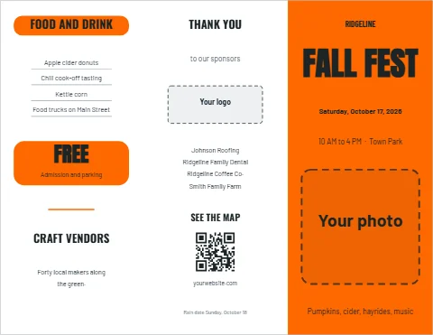 Brochure template, festival program, reading "FOOD AND DRINK", "FALL FEST" and "FREE", in orange and white, with a space for your logo and a QR code