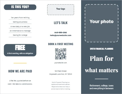 Brochure template, financial planning practice, reading "FREE", "Plan for" and "what matters", in slate and white, with a space for your logo and a QR code