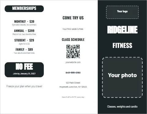 Brochure template, gym and fitness club, reading "RIDGELINE", "FITNESS" and "NO FEE", in charcoal and white, with a space for your logo and a QR code