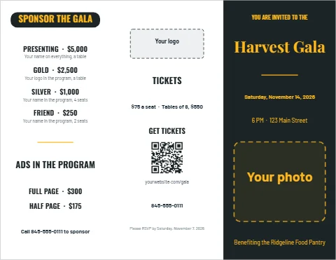 Brochure template, gala and auction program, reading "SPONSOR THE GALA", "Harvest Gala" and "ADS IN THE PROGRAM", in charcoal and white, with a space for your logo and a QR code