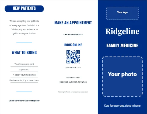 Brochure template, family medicine practice, reading "NEW PATIENTS", "Ridgeline" and "FAMILY MEDICINE", in blue and white, with a space for your logo and a QR code