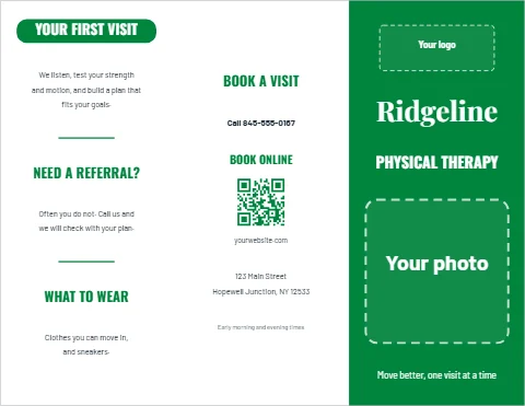 Brochure template, physical therapy practice, reading "YOUR FIRST VISIT", "Ridgeline" and "PHYSICAL THERAPY", in green and white, with a space for your logo and a QR code