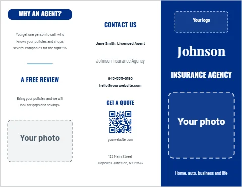 Brochure template, insurance agency, reading "WHY AN AGENT?", "Johnson" and "INSURANCE AGENCY", in blue and white, with a space for your logo and a QR code