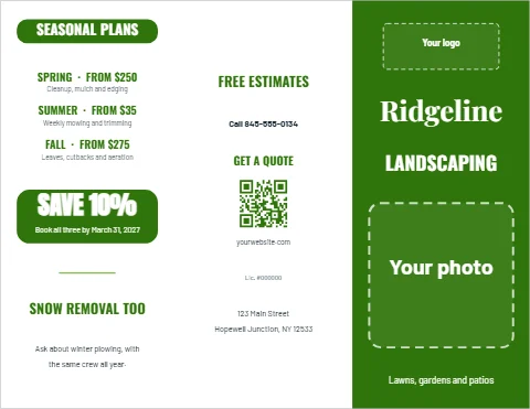 Brochure template, landscaping services, reading "Ridgeline", "LANDSCAPING" and "SAVE 10%", in green and white, with a space for your logo and a QR code