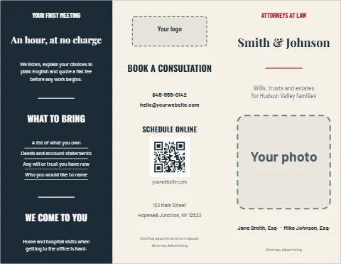 Brochure template, law firm, estate planning, reading "Smith & Johnson", "WHAT TO BRING" and "WE COME TO YOU", in navy and cream, with a space for your logo and a QR code