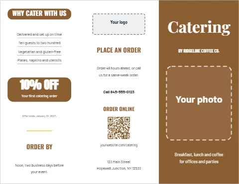 Brochure template, catering menu, cafe, reading "Catering", "10% OFF" and "ORDER BY", in brown and white, with a space for your logo and a QR code
