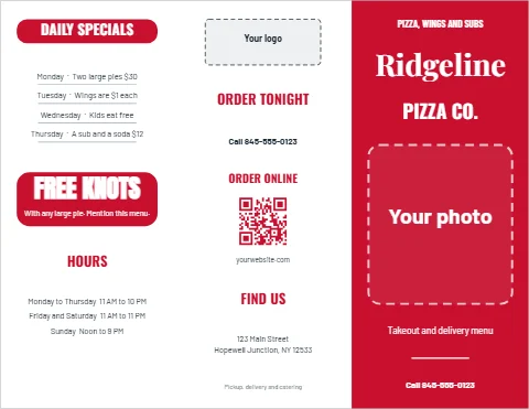 Brochure template, takeout menu, pizzeria, reading "Ridgeline", "PIZZA CO." and "FREE KNOTS", in red and white, with a space for your logo and a QR code